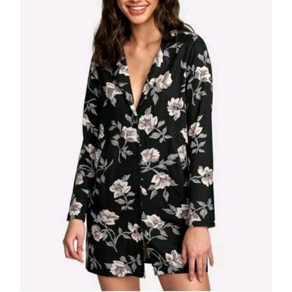 NEW RVCA Downer Blazer Dress Sz M Black Floral Pockets Long Sleeve Button Front - Picture 1 of 16